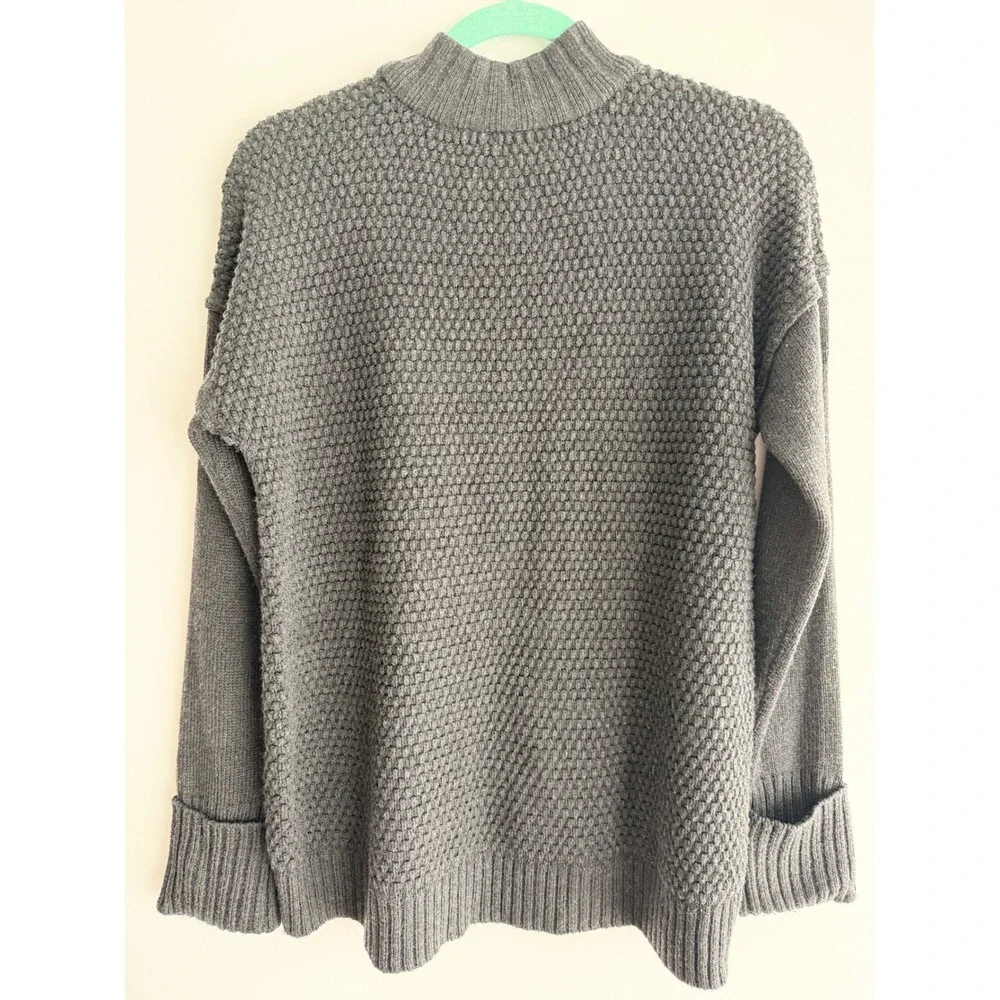 Saks Fifth Avenue Women Gray Mock Neck Wool Blend Mixed Knit Sweater Cozy Boho M